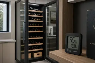 Double-door built-in wine cellar with organized bottles and digital hygrometer in a modern kitchen, illuminated by daylight and LED lighting.