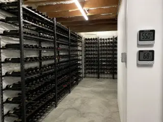 garage wine cellar with metal racks, digital thermometer on insulated wall, cool LED lighting, functional storage atmosphere