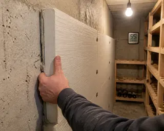 Hand installing insulation panels on a concrete basement wall, with wooden wine racks and a digital hygrometer in a softly lit wine cellar.