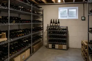 Basement garage converted into a practical wine cellar with metal racks, digital thermometer on the wall, and muted daylight from a window.