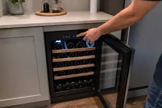 compact electric wine cellar built under a modern countertop, door open, bottles neatly stored, digital temperature display illuminated by cool LED lights, hand adjusting the settings, functional kitchen background