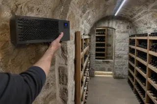 Stone vaulted wine cellar with wooden racks, person installing a wall-mounted air conditioner unit, cool LED lighting, no wine tasting or luxury décor.