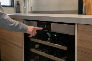 Modern kitchen with built-in reconditioned wine cabinet, hand adjusting digital control panel, bottles stored inside, LED lighting for a practical and technical atmosphere