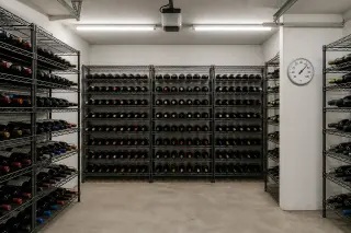 functional garage wine cellar with metal bottle racks, neat storage, concrete floor, and a wall thermometer under cool LED lighting