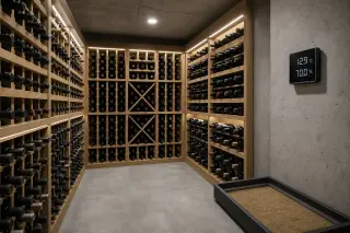 Modern residential wine cellar with wooden racks, digital hygrometer, and sand tray for humidity control under cool LED light.
